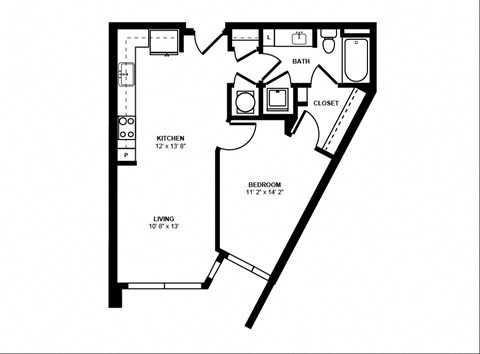 Floor plan for 1 bed, 1 bath, 659 sqft